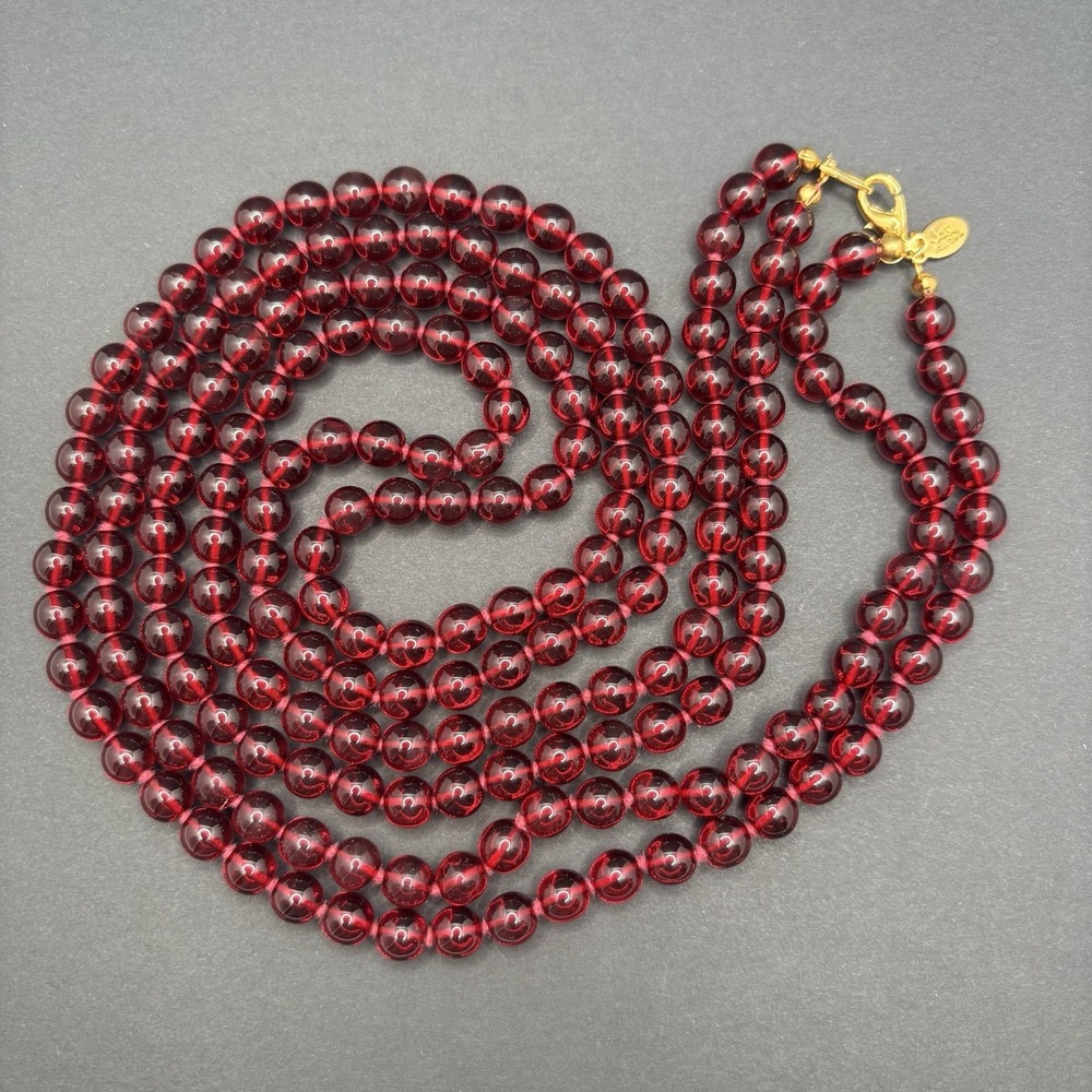 Vintage Joan Rivers Double Stranded Red Glass Beads Knotted Necklace 32" - Picture 6 of 7